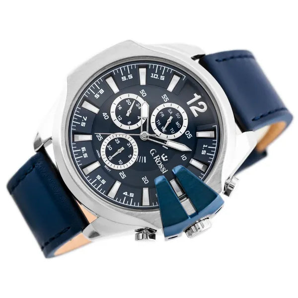 G. Rossi E6122A férfi kvarc karóra, kék, bőr szíj, 44 mm, ajándékdobozzal