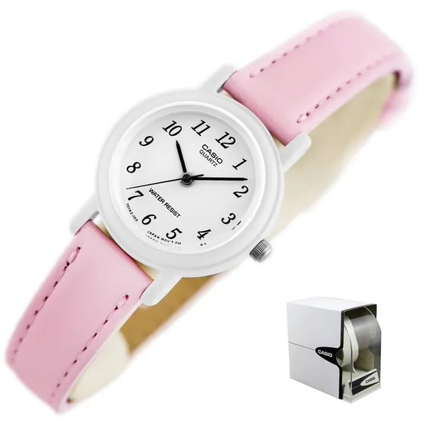 Casio női karóra, kvarc, 25 mm, rózsaszín bőrszíj, WR30, díszdobozzal