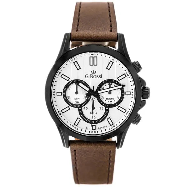 G. Rossi férfi karóra, Miyota kvarc, ezüst számlap, bőr szíj, 44 mm, WR30
