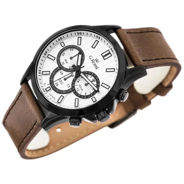 G. Rossi férfi karóra, Miyota kvarc, ezüst számlap, bőr szíj, 44 mm, WR30