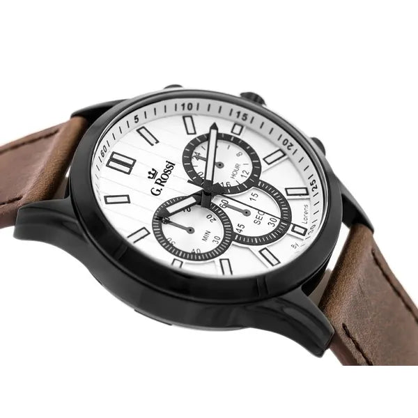 G. Rossi férfi karóra, Miyota kvarc, ezüst számlap, bőr szíj, 44 mm, WR30