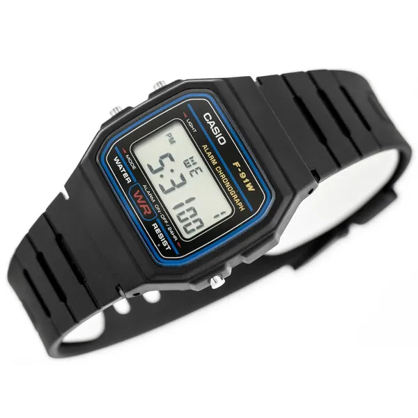 Casio F-91W-1YER férfi digitális karóra, fekete, WR30, stopper, ébresztő
