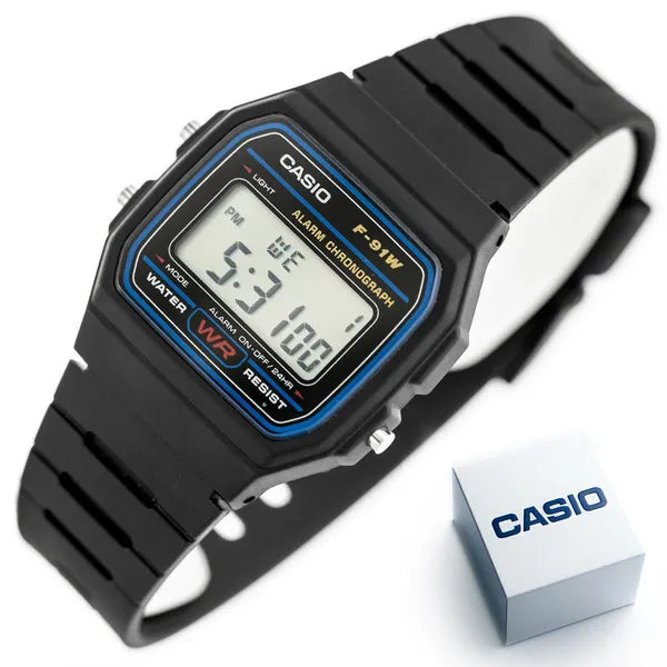 Casio F-91W-1YER férfi digitális karóra, fekete, WR30, stopper, ébresztő