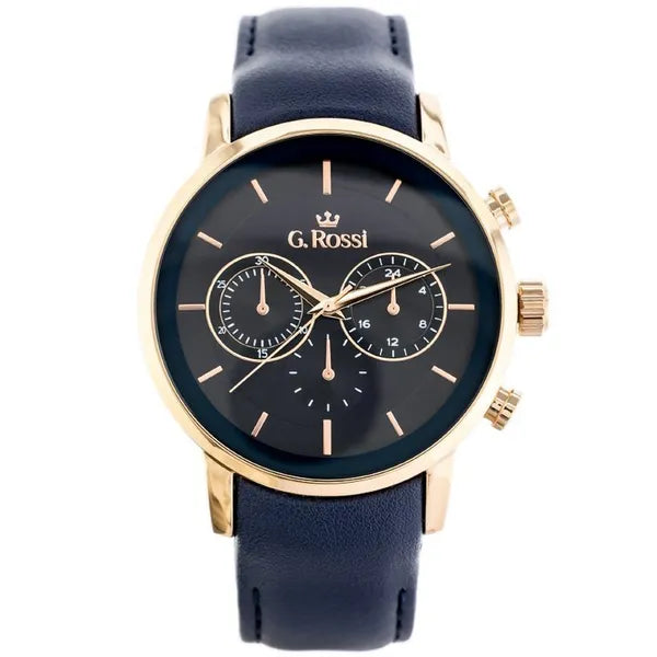 Férfi G. Rossi kvarc karóra, 44 mm rózsaarany tok, kék bőrszíj, WR30, doboz