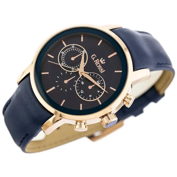 Férfi G. Rossi kvarc karóra, 44 mm rózsaarany tok, kék bőrszíj, WR30, doboz