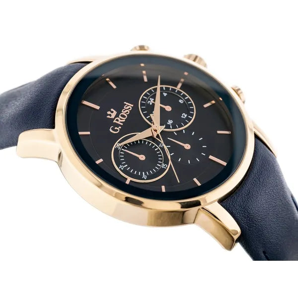 Férfi G. Rossi kvarc karóra, 44 mm rózsaarany tok, kék bőrszíj, WR30, doboz