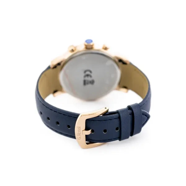 Férfi G. Rossi kvarc karóra, 44 mm rózsaarany tok, kék bőrszíj, WR30, doboz