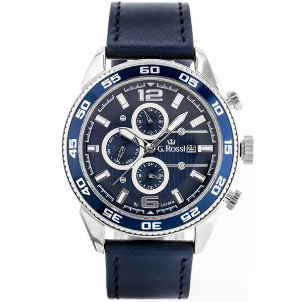 G. Rossi férfi kvarc karóra, Miyota, kék számlap, bőr szíj, 44 mm, WR30