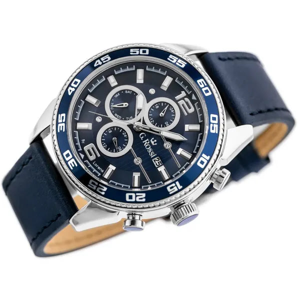 G. Rossi férfi kvarc karóra, Miyota, kék számlap, bőr szíj, 44 mm, WR30