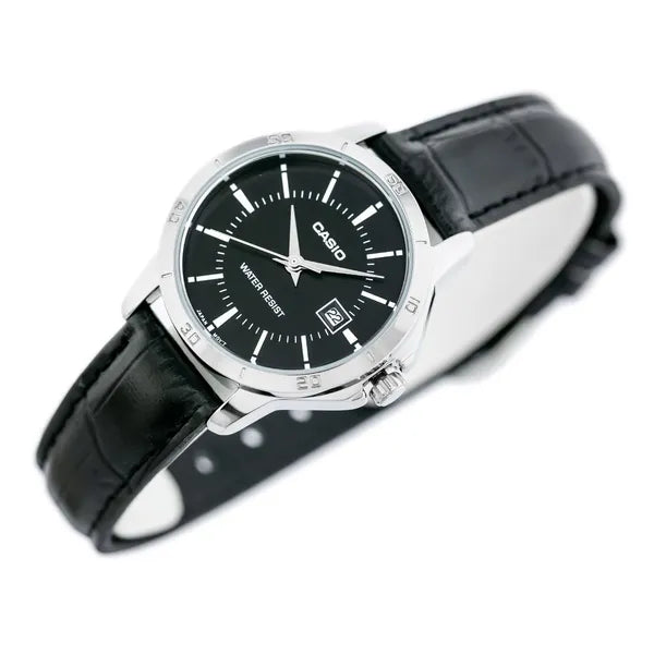 Casio LTP-V004L-1A női karóra, fekete számlap, bőrszíj, WR30, dátum