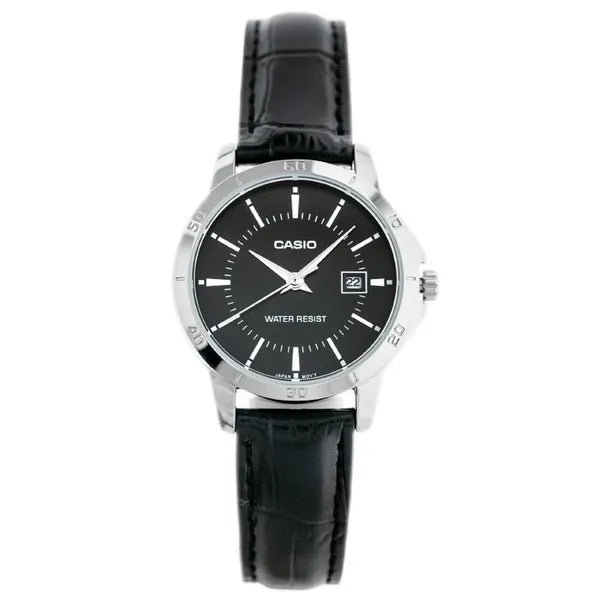 Casio LTP-V004L-1A női karóra, fekete számlap, bőrszíj, WR30, dátum