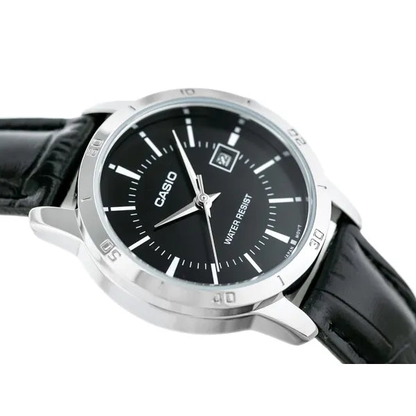 Casio LTP-V004L-1A női karóra, fekete számlap, bőrszíj, WR30, dátum