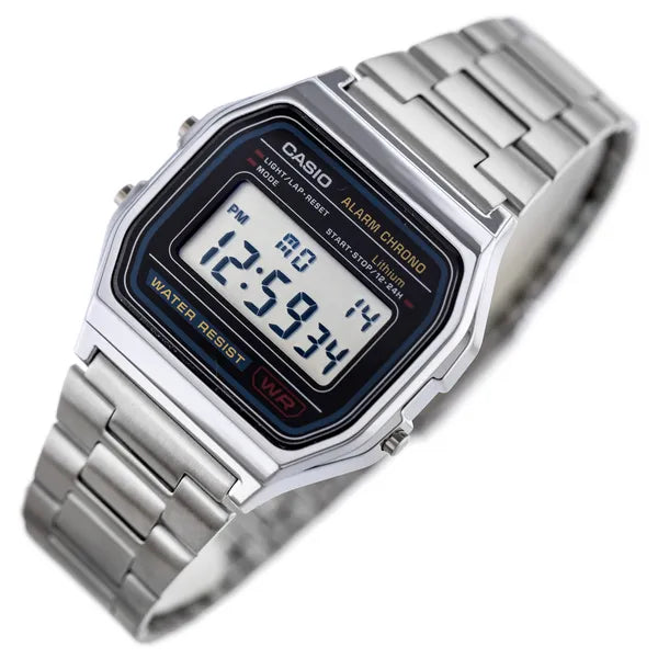 Casio A158WA-1D férfi digitális karóra, acél szíj, fekete kijelző, WR30, 34 mm