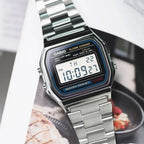 Casio A158WA-1D férfi digitális karóra, acél szíj, fekete kijelző, WR30, 34 mm