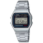 Casio A158WA-1D férfi digitális karóra, acél szíj, fekete kijelző, WR30, 34 mm