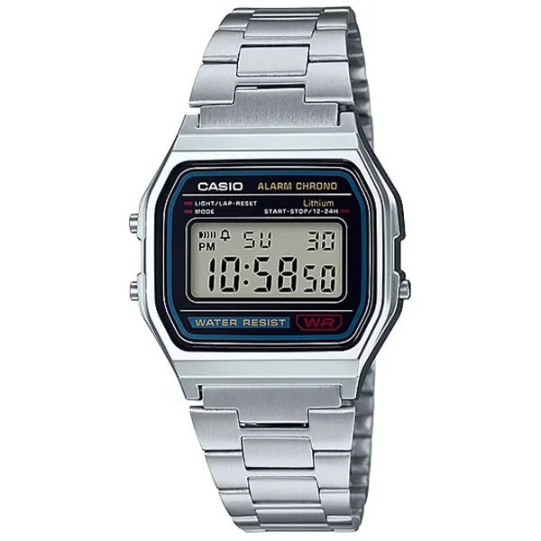 Casio A158WA-1D férfi digitális karóra, acél szíj, fekete kijelző, WR30, 34 mm