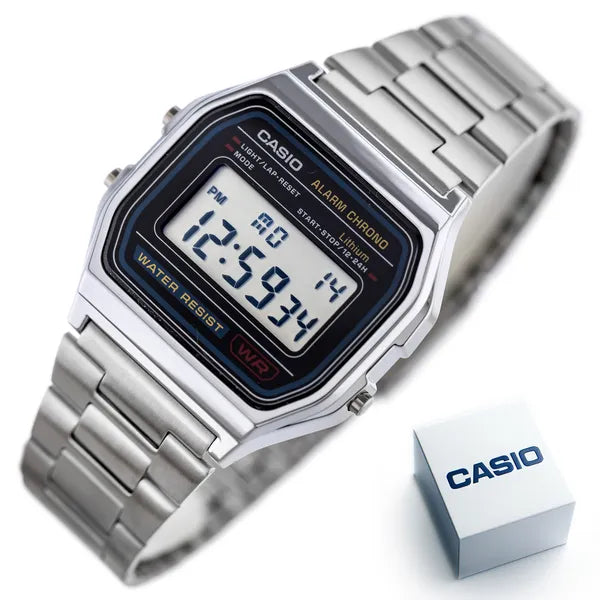 Casio A158WA-1D férfi digitális karóra, acél szíj, fekete kijelző, WR30, 34 mm