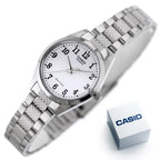 Casio LTP-1274D-7B női karóra, ezüst acél szíj, fehér számlap, WR30, ásványüveg