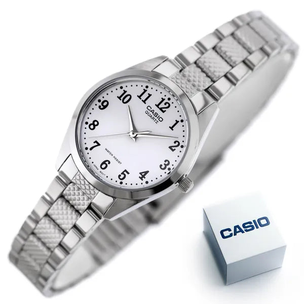 Casio LTP-1274D-7B női karóra, ezüst acél szíj, fehér számlap, WR30, ásványüveg