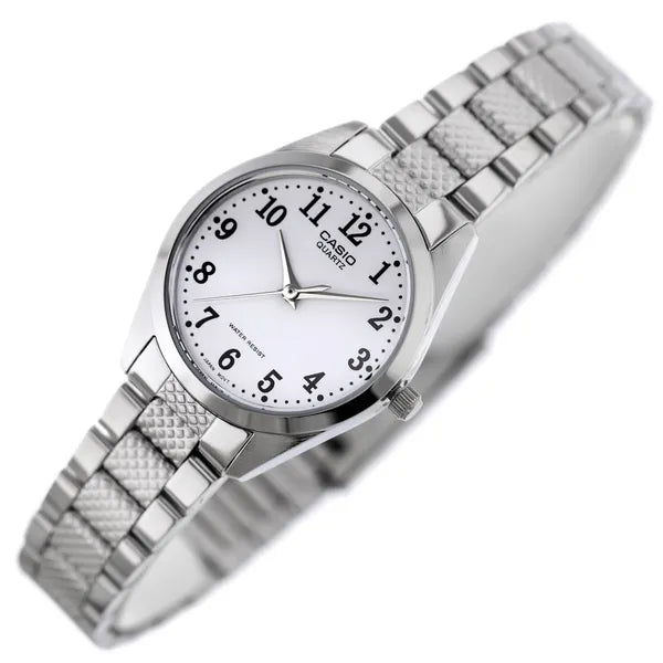 Casio LTP-1274D-7B női karóra, ezüst acél szíj, fehér számlap, WR30, ásványüveg