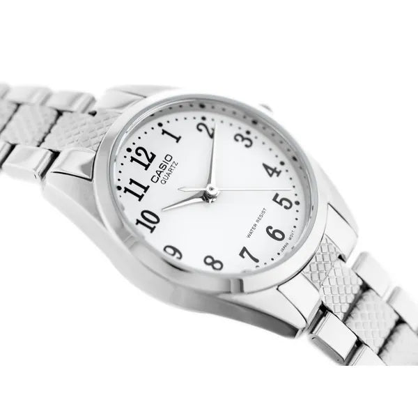 Casio LTP-1274D-7B női karóra, ezüst acél szíj, fehér számlap, WR30, ásványüveg