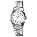 Casio LTP-1274D-7B női karóra, ezüst acél szíj, fehér számlap, WR30, ásványüveg