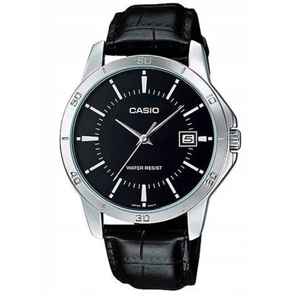 Casio MTP-V004L-1A férfi karóra, fekete bőr, fekete számlap, 42 mm, dátum, WR30