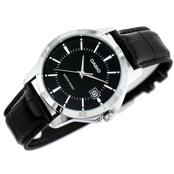 Casio MTP-V004L-1A férfi karóra, fekete bőr, fekete számlap, 42 mm, dátum, WR30