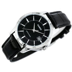 Casio MTP-V004L-1A férfi karóra, fekete bőr, fekete számlap, 42 mm, dátum, WR30