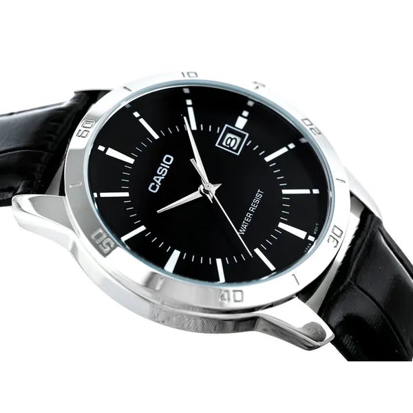 Casio MTP-V004L-1A férfi karóra, fekete bőr, fekete számlap, 42 mm, dátum, WR30
