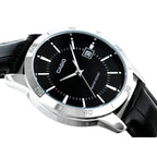 Casio MTP-V004L-1A férfi karóra, fekete bőr, fekete számlap, 42 mm, dátum, WR30