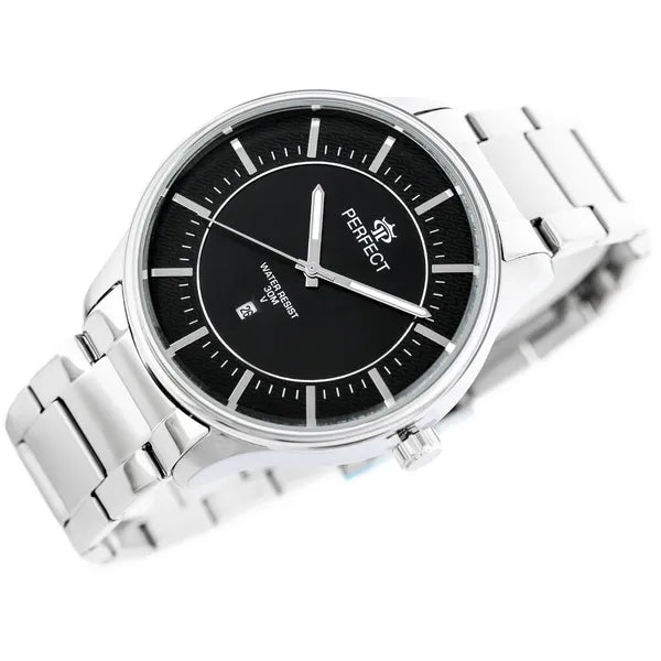 Férfi kvarc karóra, fekete számlap, ezüst fém szíj, 44 mm, WR30 + díszdoboz