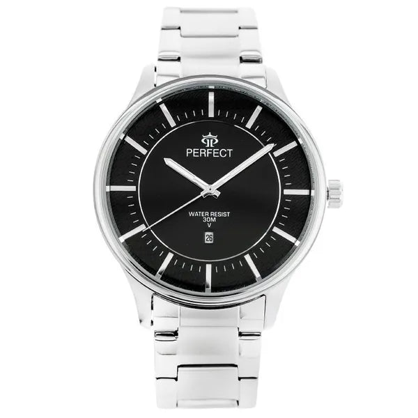 Férfi kvarc karóra, fekete számlap, ezüst fém szíj, 44 mm, WR30 + díszdoboz