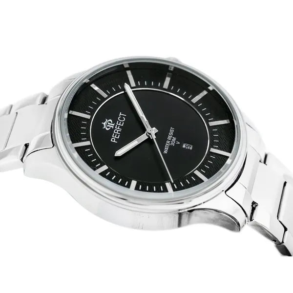 Férfi kvarc karóra, fekete számlap, ezüst fém szíj, 44 mm, WR30 + díszdoboz