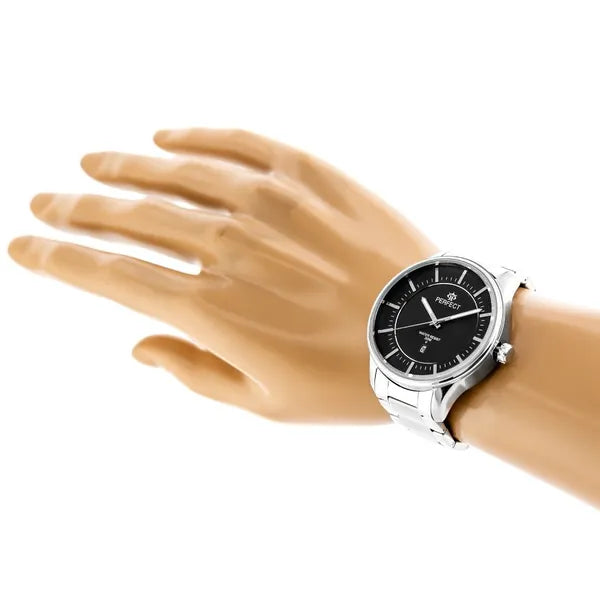 Férfi kvarc karóra, fekete számlap, ezüst fém szíj, 44 mm, WR30 + díszdoboz