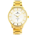 Perfect férfi kvarc karóra, arany fémszíj, ezüst számlap, dátum, WR30, 42 mm