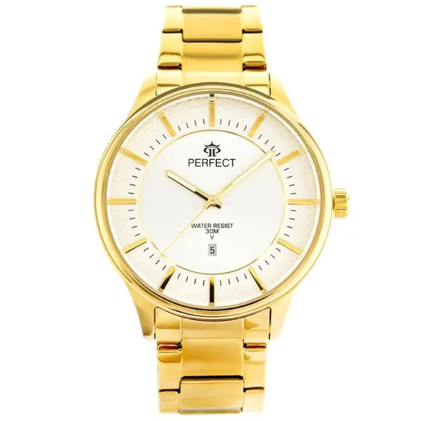 Perfect férfi kvarc karóra, arany fémszíj, ezüst számlap, dátum, WR30, 42 mm