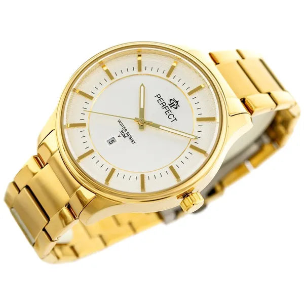 Perfect férfi kvarc karóra, arany fémszíj, ezüst számlap, dátum, WR30, 42 mm
