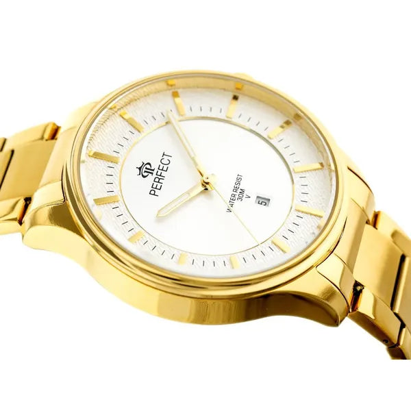 Perfect férfi kvarc karóra, arany fémszíj, ezüst számlap, dátum, WR30, 42 mm