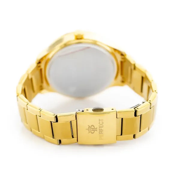 Perfect férfi kvarc karóra, arany fémszíj, ezüst számlap, dátum, WR30, 42 mm