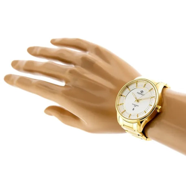 Perfect férfi kvarc karóra, arany fémszíj, ezüst számlap, dátum, WR30, 42 mm