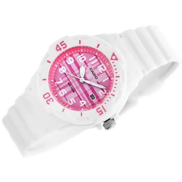 Casio LRW-200H-4CVDF női karóra, fehér szíj, rózsaszín számlap, WR100, 33 mm