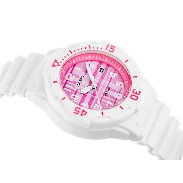 Casio LRW-200H-4CVDF női karóra, fehér szíj, rózsaszín számlap, WR100, 33 mm