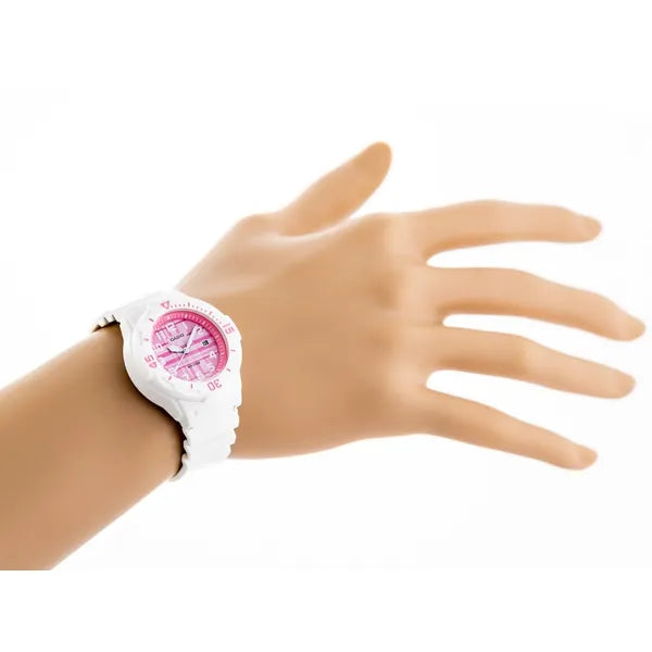 Casio LRW-200H-4CVDF női karóra, fehér szíj, rózsaszín számlap, WR100, 33 mm
