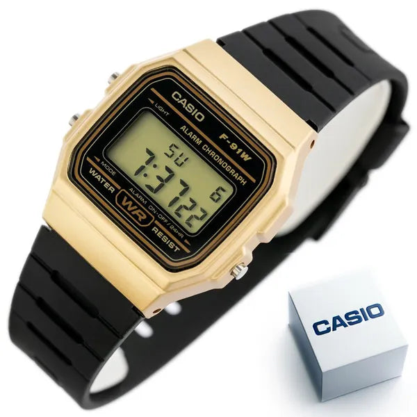 Casio férfi digitális karóra F-91WM-9A, arany tok, WR100, díszdoboz