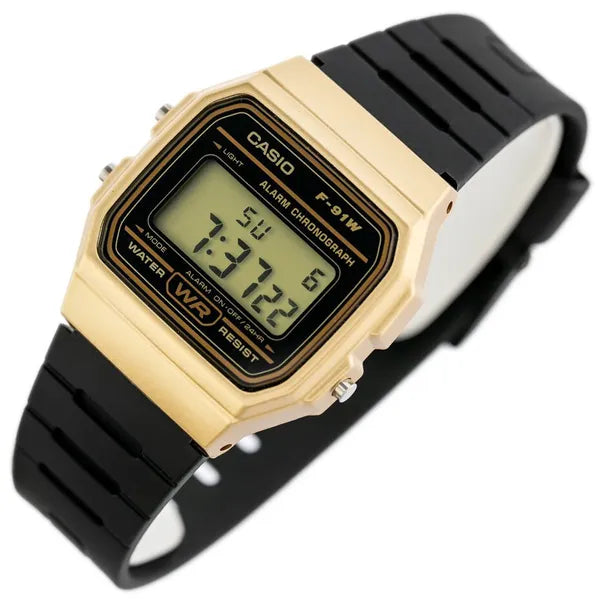 Casio férfi digitális karóra F-91WM-9A, arany tok, WR100, díszdoboz