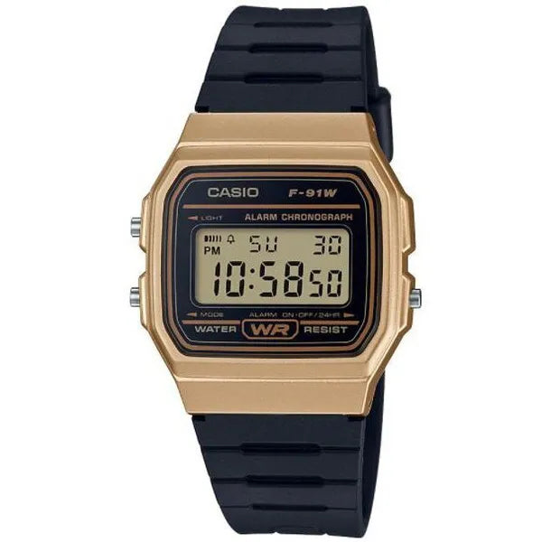 Casio férfi digitális karóra F-91WM-9A, arany tok, WR100, díszdoboz