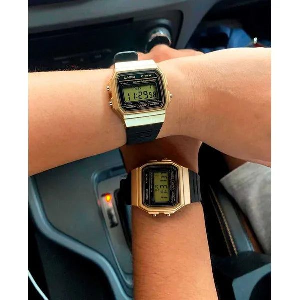 Casio férfi digitális karóra F-91WM-9A, arany tok, WR100, díszdoboz