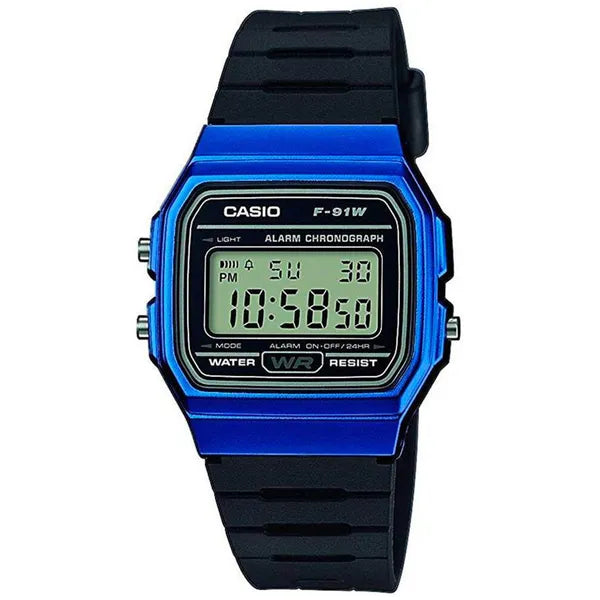 Casio férfi digitális óra F-91WM-2ADF, 38 mm, WR100, kék tok + díszdoboz