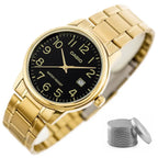 Casio férfi karóra MTP-V002G-1B, arany színű acél, fekete számlap, WR30, dátum